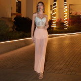 Pantalon en maille transparent drapé Slim Fit Pantalon de boîte de nuit brillant